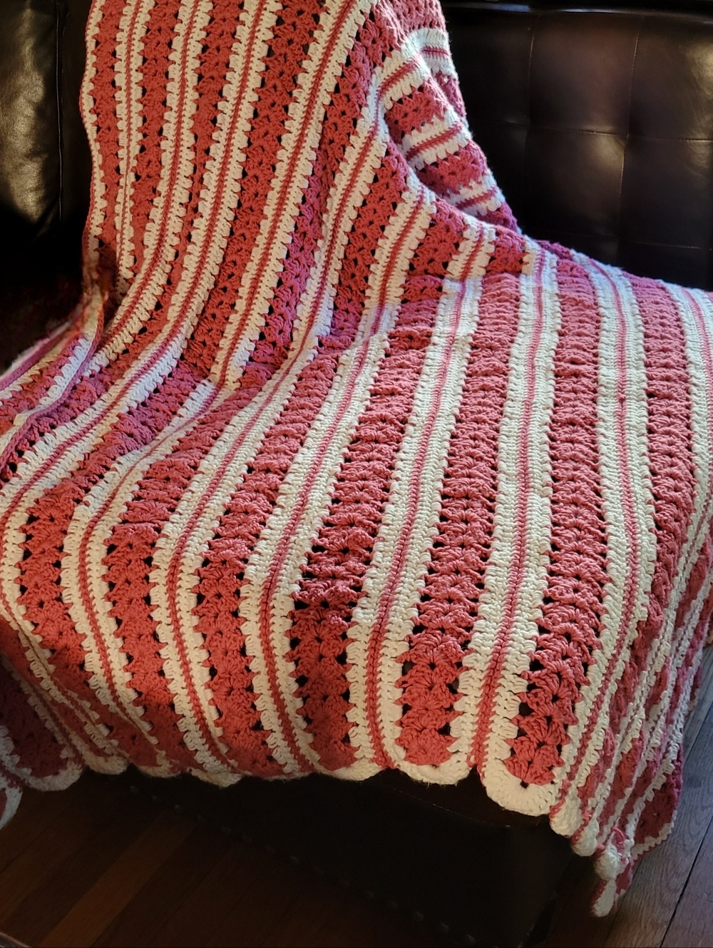 Hand made Large Vintage Crocheted Rasberry striped Throw Blanket (Queen?)